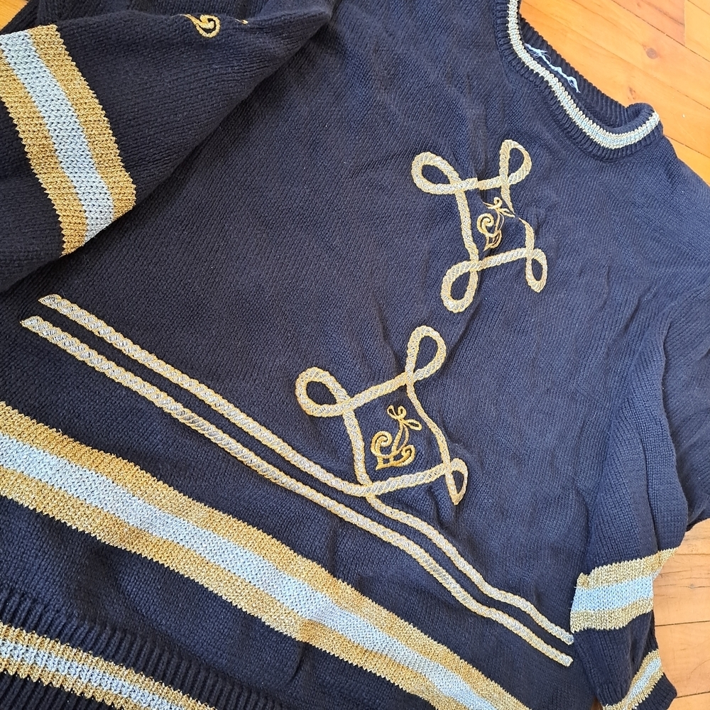 Vintage Black Embroidered Knit Sweater Gold Trim - Picture 4 of 9